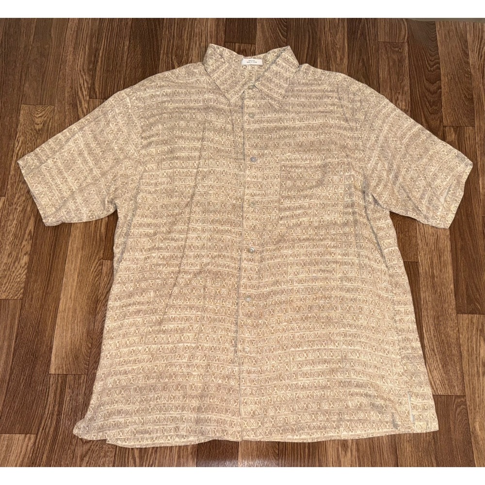 Alfani Mens 100% Silk Short Sleeve Button‎ Down Shirt Tan Geometric Print Size L